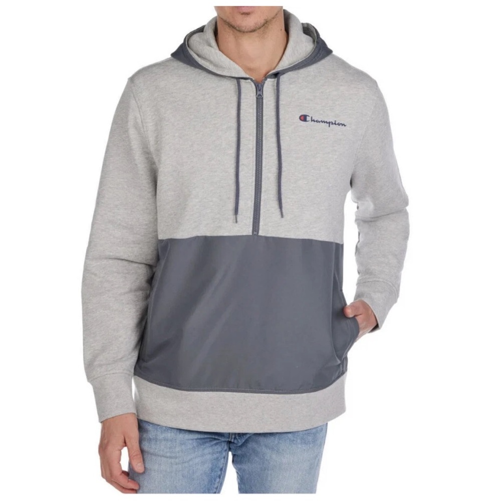 Champion Men's Fleece Woven-Mix Half Zip Two Tone Hoodie Oxford Gray Heather L